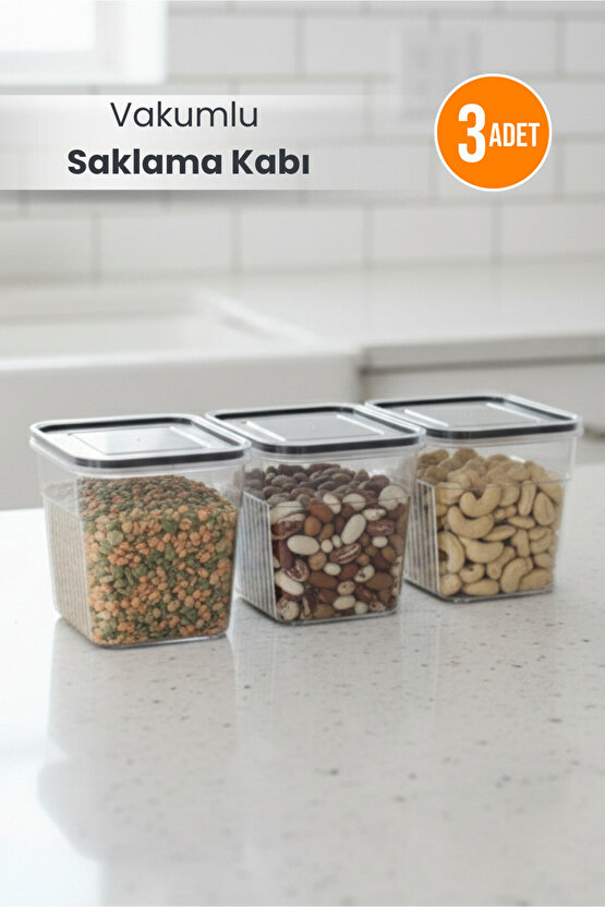 3lü Şeffaf Sızdırmaz Vakumlu Erzak Saklama Kabı Bakliyat Saklama Kutusu 1,6 L