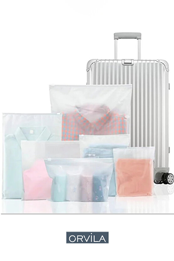10 Adet Buzlu Fermuarlı Poşet Torba 35x25cm -Valiz Ve Bavul İçi Düzenleyici -Tekrar Kullanılabilir