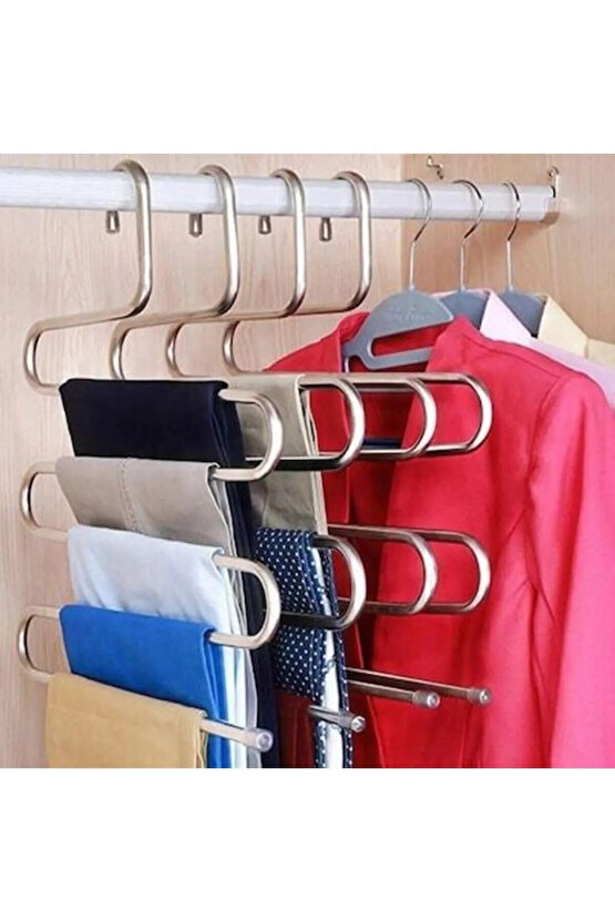 6 Adet - 5 Bölmeli Metal Pantolon Askısı - Giysi Eşarp Fular Kıyafet Askısı Düzenleyici Organizer