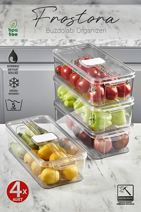 4x Adet Füme 3 Lt  Frostora Kapaklı Buzdolabı Organizeri & Saklama Kabı & Düzenleyici & Erzak Kabı