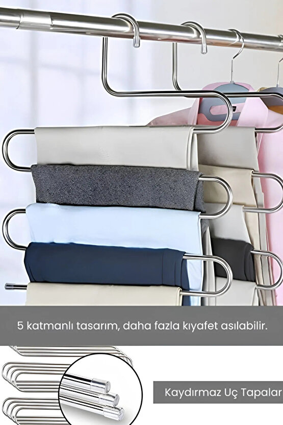 4 Adet - 5 Bölmeli Metal Pantolon Askısı - Giysi Eşarp Fular Kıyafet Askısı Düzenleyici Organizer