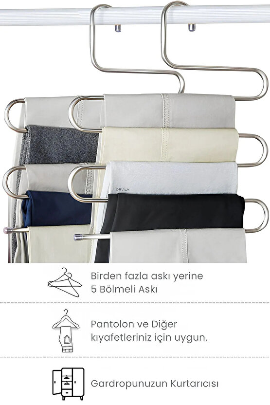 4 Adet - 5 Bölmeli Metal Pantolon Askısı - Giysi Eşarp Fular Kıyafet Askısı Düzenleyici Organizer