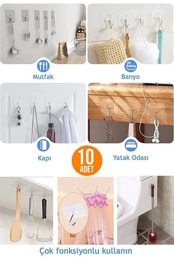 10 Adet - Kendinden Yapışkanlı Çok Amaçlı Kancalı Askı