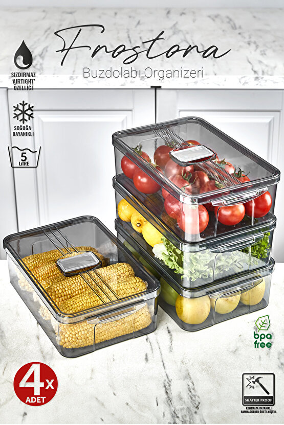 4x Adet Füme Frostora 5 LT Saplı Buzdolabı Organizeri & Saklama Kabı & Düzenleyici