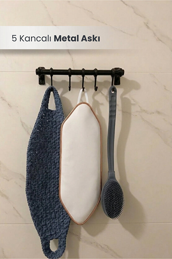 Siyah Metal Banyo Ve Mutfak Askısı 5 Kancalı Askı Demiri 24 Cm Çubuk