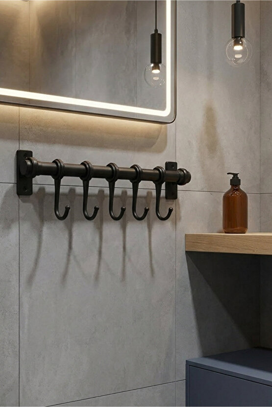 Siyah Metal Banyo Ve Mutfak Askısı 5 Kancalı Askı Demiri 24 Cm Çubuk