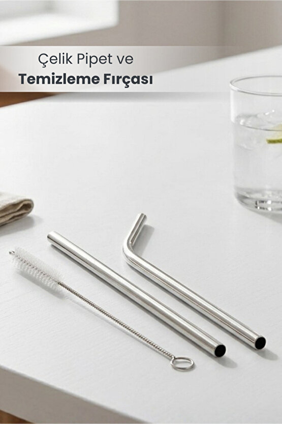 2 Adet Paslanmaz Çelik Pipet ve Temizleme Fırçası