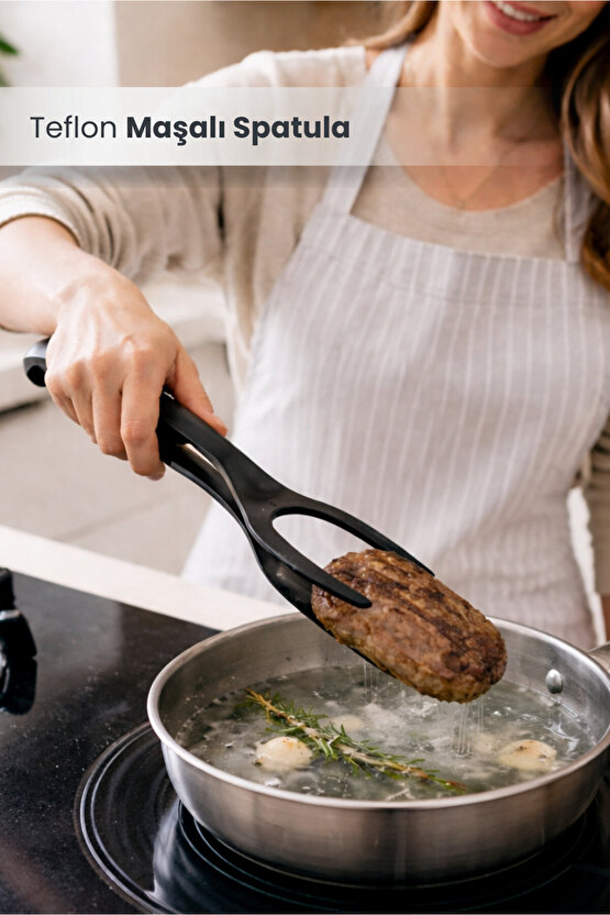 Yanmaz Yapışmaz 220 Derece Dayanıklı Teflon Maşalı Spatula - Spatula Servis Kepçesi