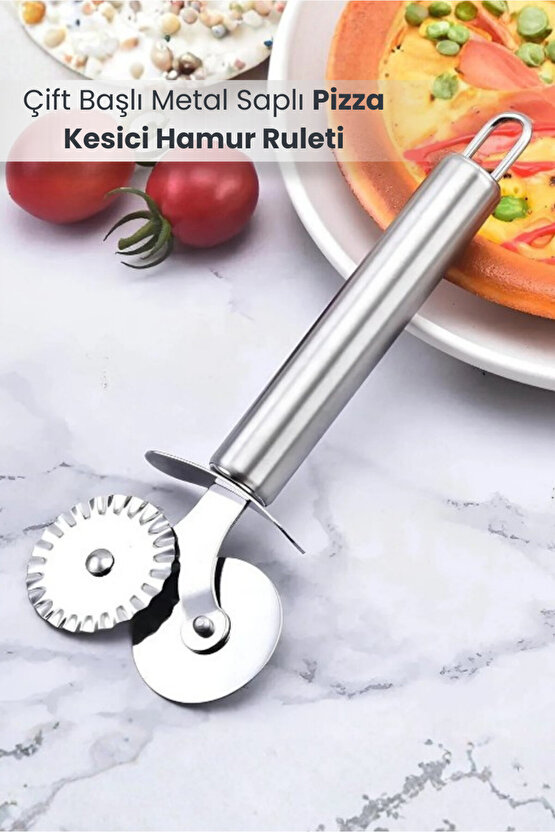 Çift Başlı Metal Saplı Pizza Kesici Hamur Ruleti