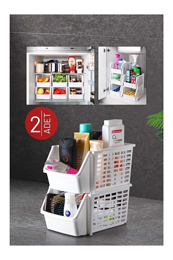 2 Adet Üst Üste Geçebilen Çok Amaçlı Düzenleyici Organizer Büyük Boy - Beyaz