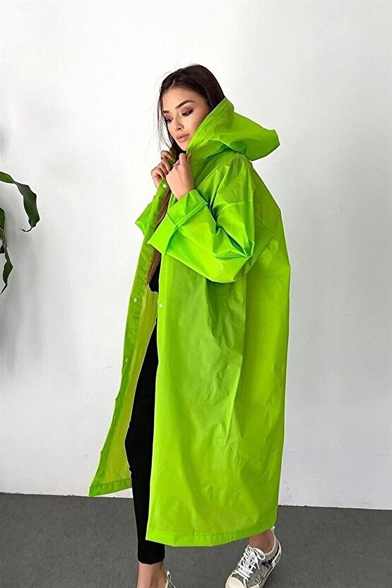Eva Su Geçirmez Kaliteli Uzun Yağmurluk Unisex - Kadın Erkek Kapüşonlu Çıtçıtlı Standart Beden