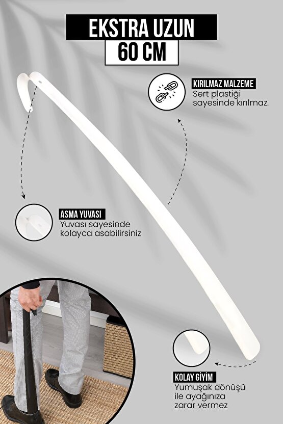 Beyaz Ayakkabı Çekeceği 60 Cm| Sert Plastik Asılabilir Çekecek Yumuşak Kerata Uzun