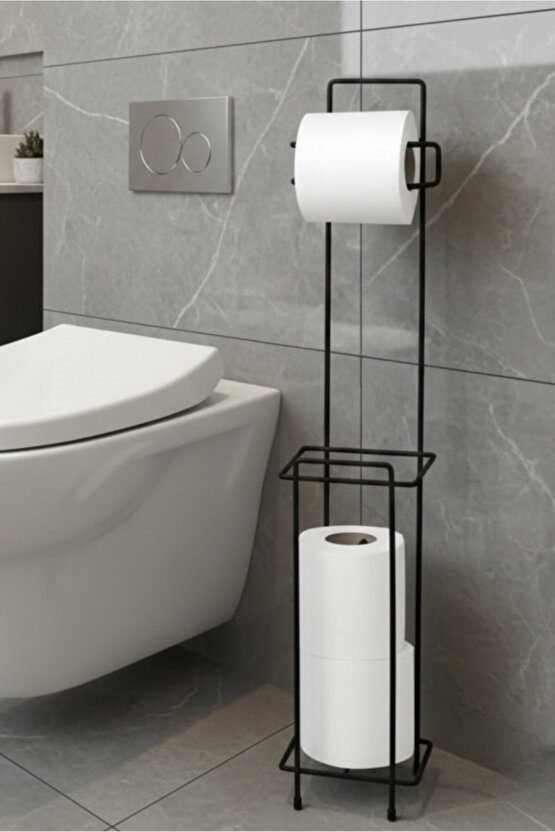 Yedek Hazneli Kare Wc Tuvalet Kağıtlığı - Siyah Ferforje Metal Lüx Banyo Kağıtlık