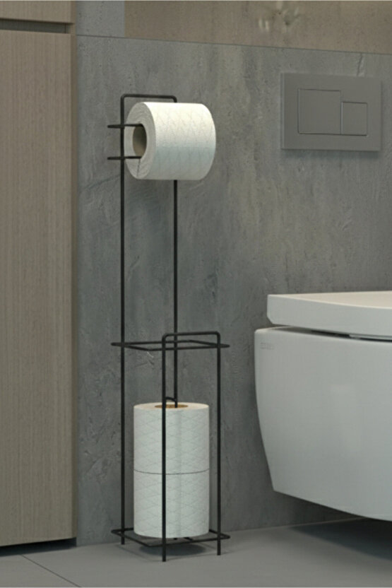 Yedek Hazneli Kare Wc Tuvalet Kağıtlığı - Siyah Ferforje Metal Lüx Banyo Kağıtlık