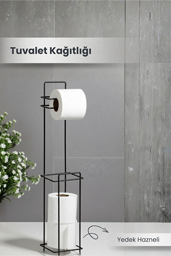 Yedek Hazneli Kare Wc Tuvalet Kağıtlığı - Siyah Ferforje Metal Lüx Banyo Kağıtlık