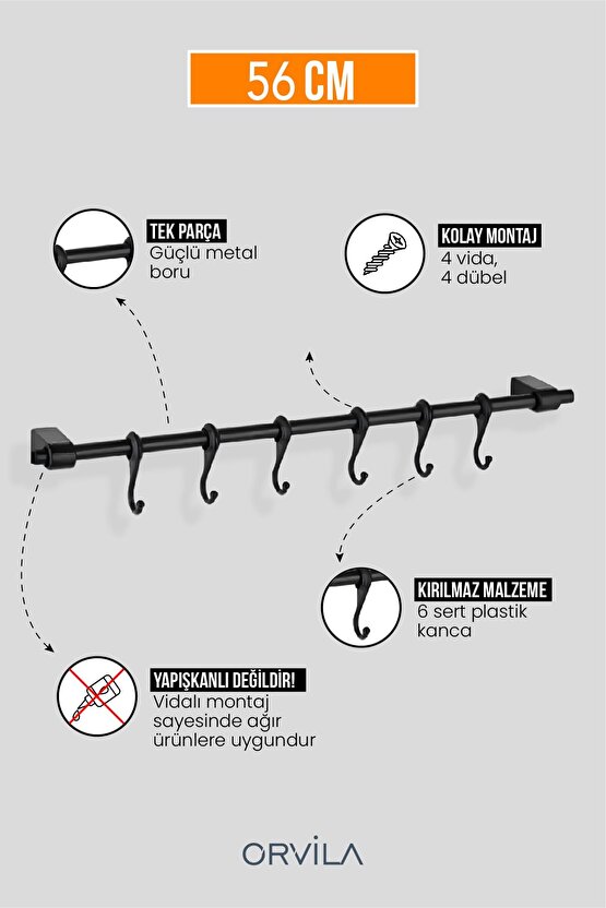 Siyah Metal Mutfak Ve Banyo Askısı 6 Kancalı Askı Demiri 56 Cm Çubuk