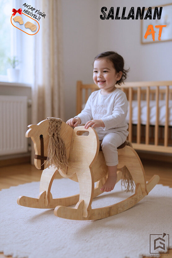 Ahşap Sallanan At - Nubuk Kumaş Oturaklı Sallanan Çocuk Bebek Oyuncak, Montessori Oyuncak