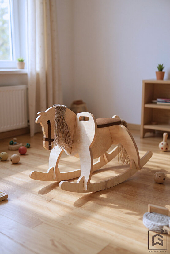 Ahşap Sallanan At - Nubuk Kumaş Oturaklı Sallanan Çocuk Bebek Oyuncak, Montessori Oyuncak
