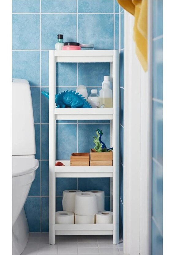 4 Katlı Plastik Raf Yükseklik 100 Cm Banyo Rafı Düzenleyici Beyaz Renk