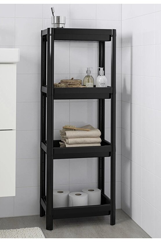 4 Katlı Plastik Raf Yükseklik 100 Cm Banyo Rafı Düzenleyici Siyah Renk