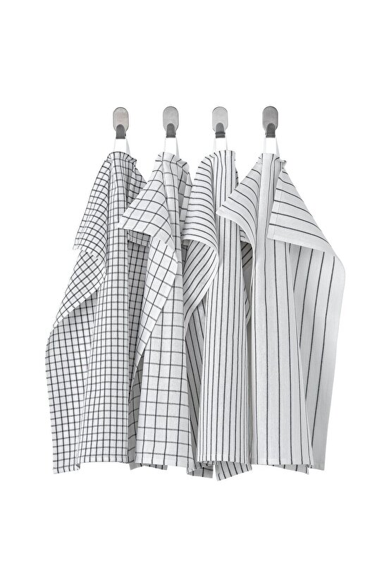4 Adet Asılabilir Bulaşık Silme Bezi 60x45 Cm Beyaz-Koyu Gri %100 Pamuk