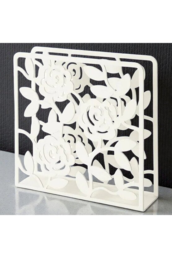 Metal peçetelik,çiçek desenli beyaz, 16x16 cm
