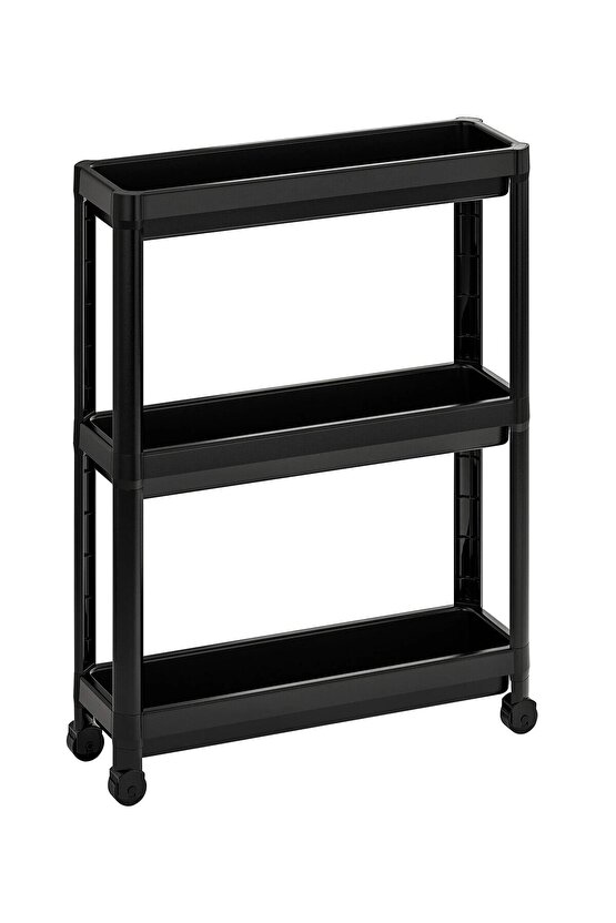 QUİCK 3 Katlı Servis Sehpası 54x18x71 Cm Tekerlekli Plastik Banyo Rafı Düzenleyici Siyah Raf 009466