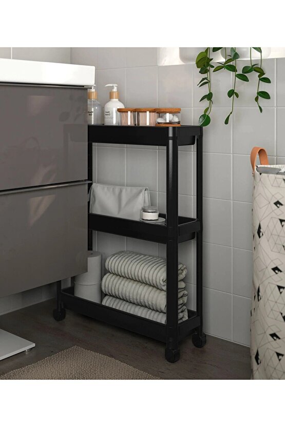 QUİCK 3 Katlı Servis Sehpası 54x18x71 Cm Tekerlekli Plastik Banyo Rafı Düzenleyici Siyah Raf 009466