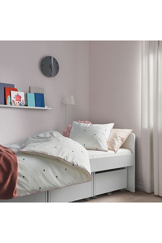 Vankrets Tek Kişilik Nevresim Takımı, Pembe Şeritli Puantiyeli Beyaz 150x200 cm 152 iplik Fermuarlı