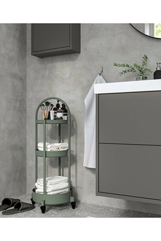 QUİCK 3 Katlı Tekerlekli Servis Arabası 36x36x86 Cm İkea Kulplu Servis Banyo Rafı Plastik Raf