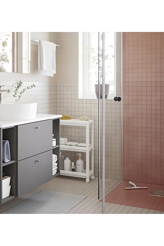 3 Katlı Tekerlekli Banyo Rafı 54x18x71 Cm Plastik Mutfak Rafı Beyaz Raf Düzenleyici