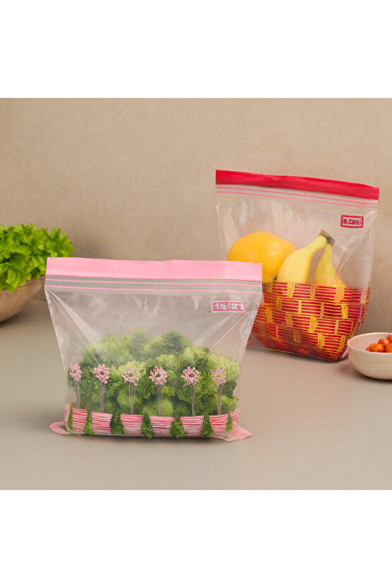 ISTAD Kilitlenebilir ve Yıkanabilir Buzdolabı Poşeti, Kırmızı-Pembe, 2,5 Lt Ve 1,2 Lt, 50 Adet