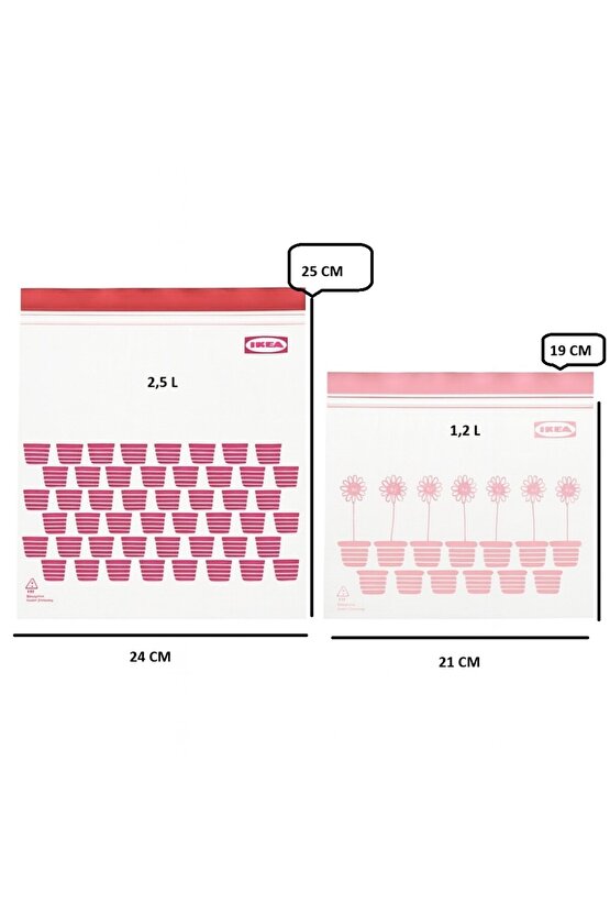 ISTAD Kilitlenebilir ve Yıkanabilir Buzdolabı Poşeti, Kırmızı-Pembe, 2,5 Lt Ve 1,2 Lt, 50 Adet