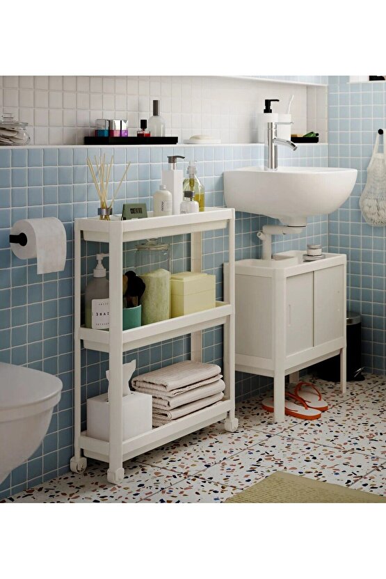 QUİCK 3 Katlı Servis Sehpası 54x18x71 Cm Tekerlekli Plastik Banyo Rafı Düzenleyici Beyaz Raf 009466