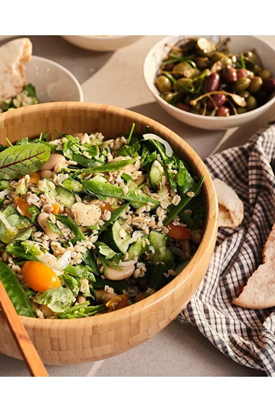 QUİCK Bambu Servis Kasesi Çap 28 Cm Sofra Salata Sunum Kasesi Ahşap Kase Hacim 4.5 litre
