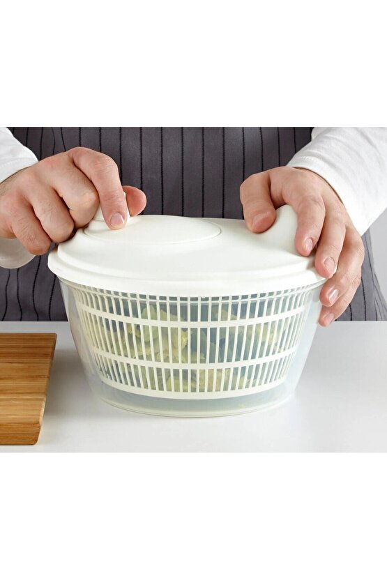 QUİCK Döndürmeli Salata Kurutma Aparatı Çap 23 Cm Pratik Sebze Kurutucu Yükseklik 16 Cm Beyaz 001326