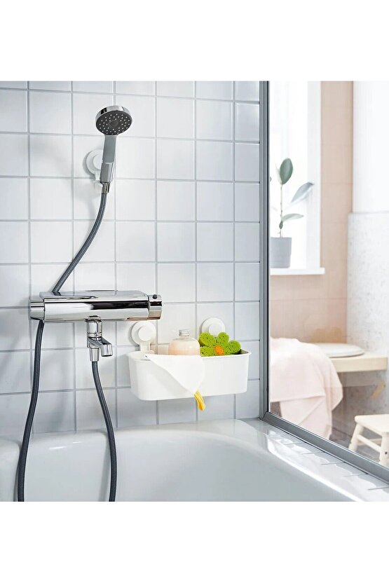 QUİCK Vantuzlu Banyo Duş Sepeti 28x17x17 Cm Plastik Banyo Rafı Beyaz Renk