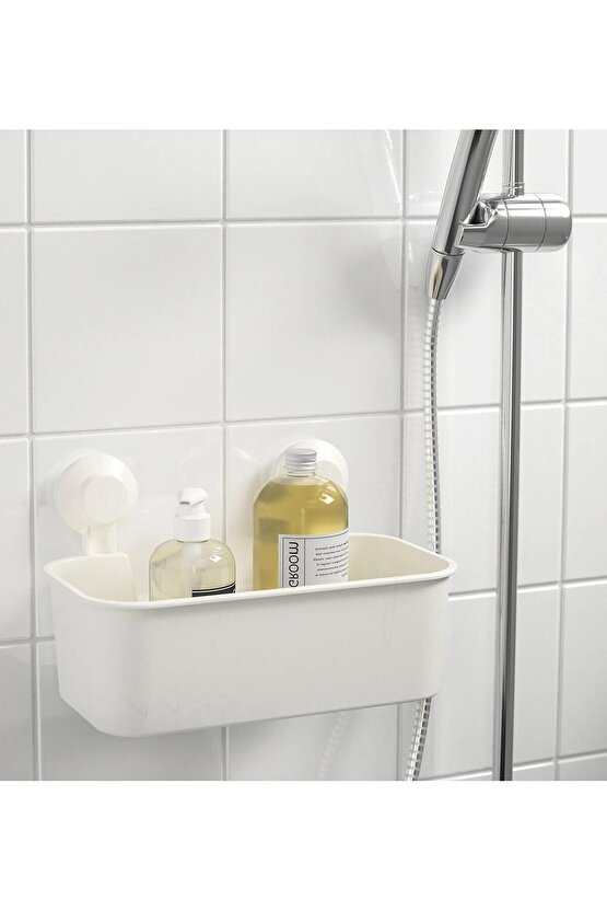 QUİCK Vantuzlu Banyo Duş Sepeti 28x17x17 Cm Plastik Banyo Rafı Beyaz Renk