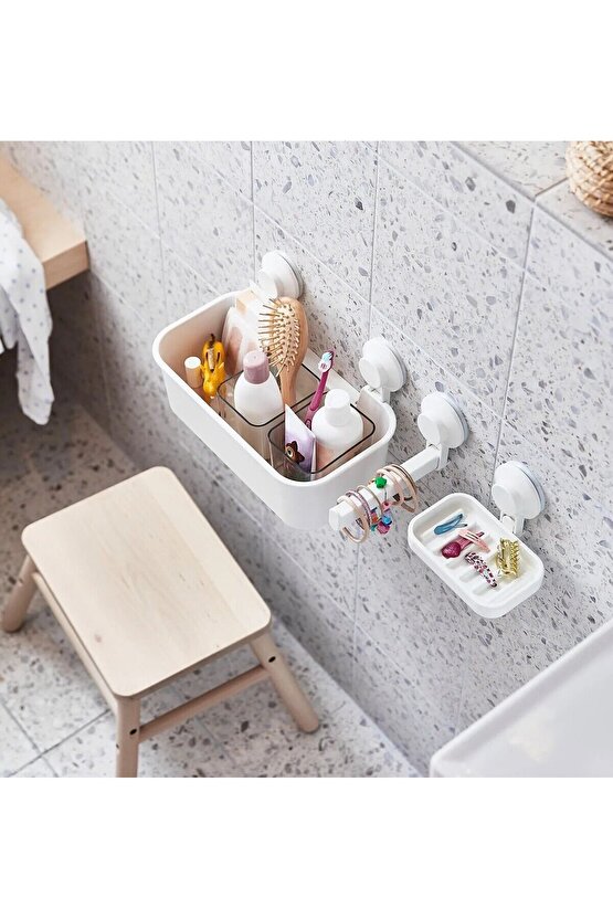 QUİCK Vantuzlu Banyo Duş Sepeti 28x17x17 Cm Plastik Banyo Rafı Beyaz Renk