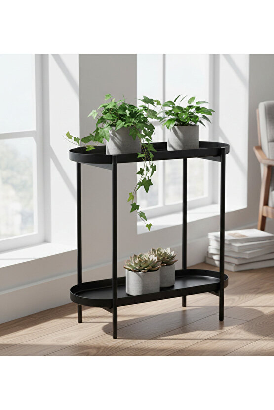 2 Katlı Çiçeklik-Saksılık Yuvarlak Sehba MeridyenDukkan Siyah Renk 56 Cm-Çelik İç Dış Mekana Uygun