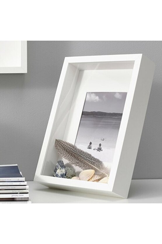Sannahed 21x30 Cm A4 Beyaz Çiçek Konabilen Derin Kutu Çerçeve Ahşap Fotoğraf Resim Çerçevesi