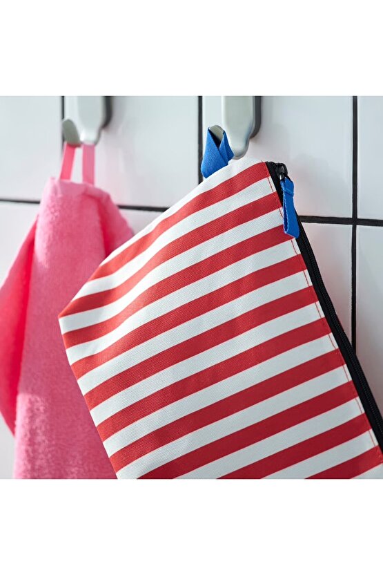 Organizer Çanta, bavul içi düzenleyici Skogssallat 30x21x10 cm Kırmızı Beyaz Çizgili Makyaj Çantası