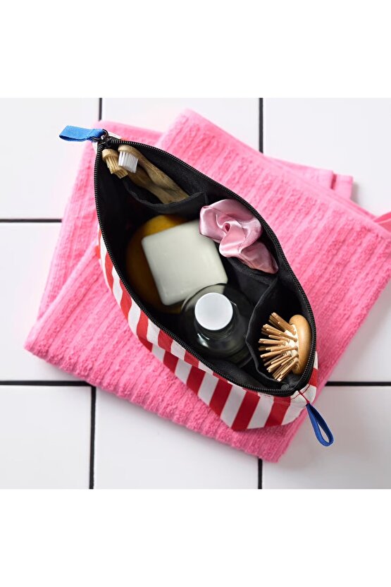 Organizer Çanta, bavul içi düzenleyici Skogssallat 30x21x10 cm Kırmızı Beyaz Çizgili Makyaj Çantası