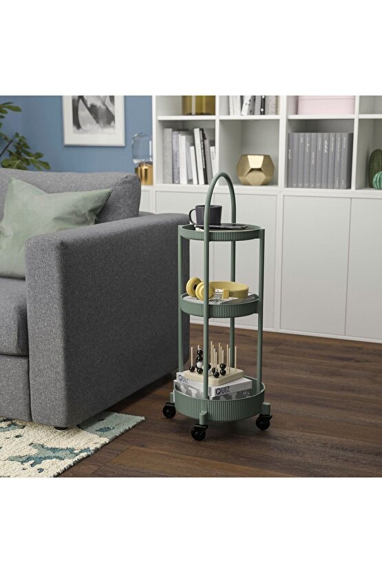 Servis Arabası, Gri-Yeşil, Yükseklik: 86 cm Uzunluk: 36 cm Genişlik: 36 cm Çap: 36 cm