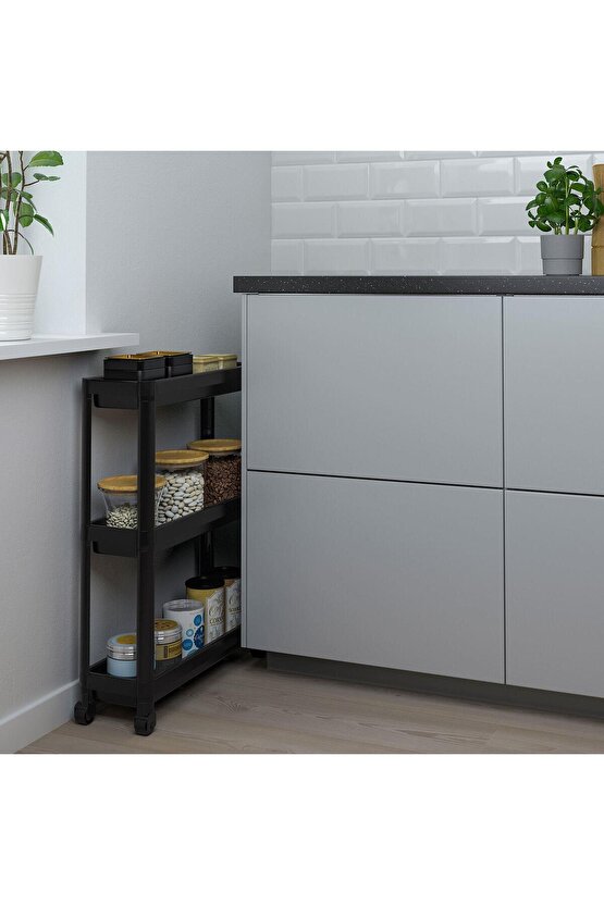 Servis Sehpası Siyah 54x18x71 cm Mutfak-Banyo Düzenleyicisi 3 Katlı Tekerlekli