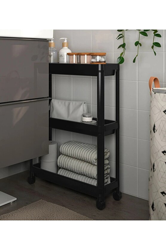 QUİCK 3 Katlı Tekerlekli Banyo Rafı 54x18x71 Cm Plastik Mutfak Rafı Siyah Raf Düzenleyici