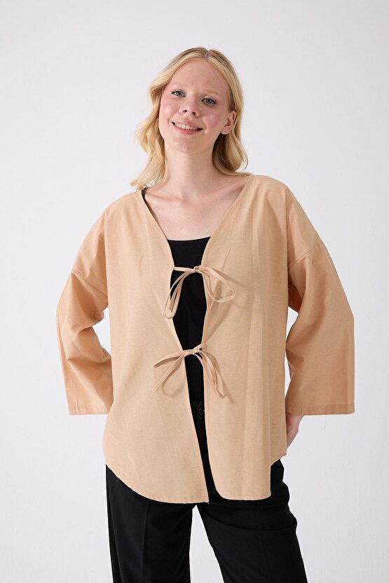 Önü Baglamalı Bej Kimono Tunik Oversize