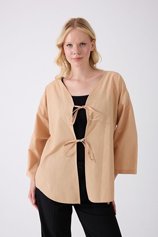Önü Baglamalı Bej Kimono Tunik Oversize