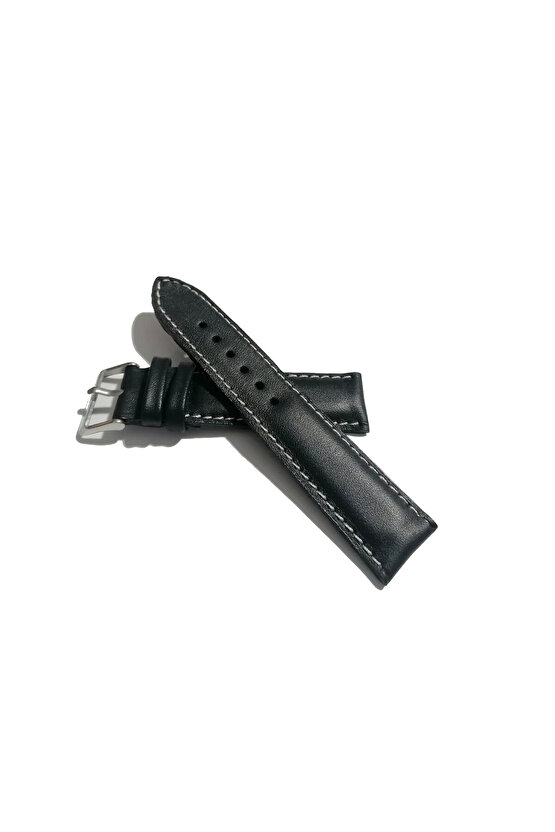 &Her Saate Uyumlu Hakiki Deri Saat Kordonu siyah beyaz dikişli 18 mm (485)