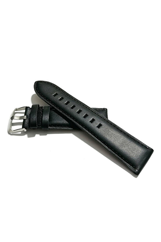 & Her Saate Uyumlu Hakiki Deri Saat Kordonu Düz Siyah 22 mm (463 )